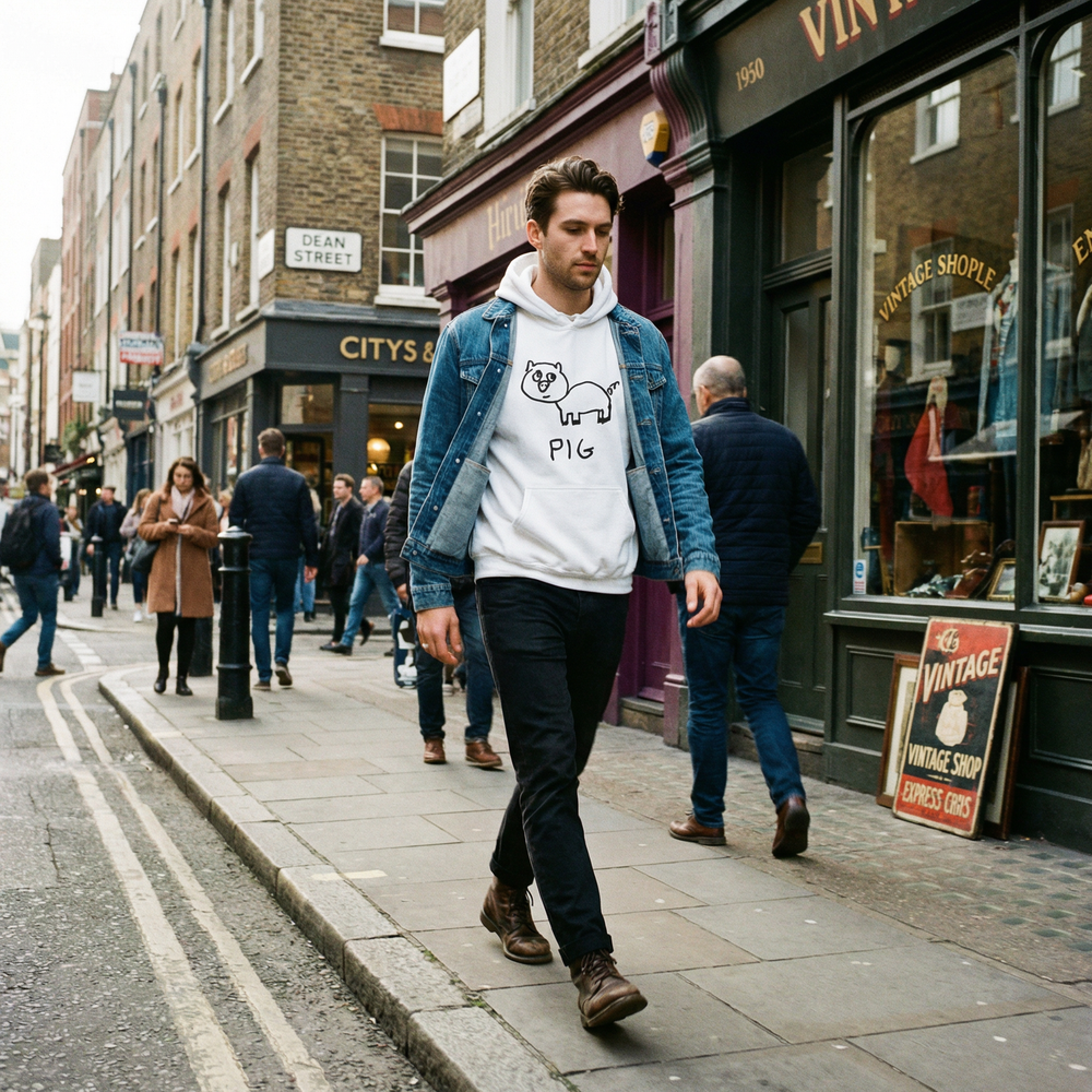 Pig graphic hoodie worn on city street – lofi animal streetwear
