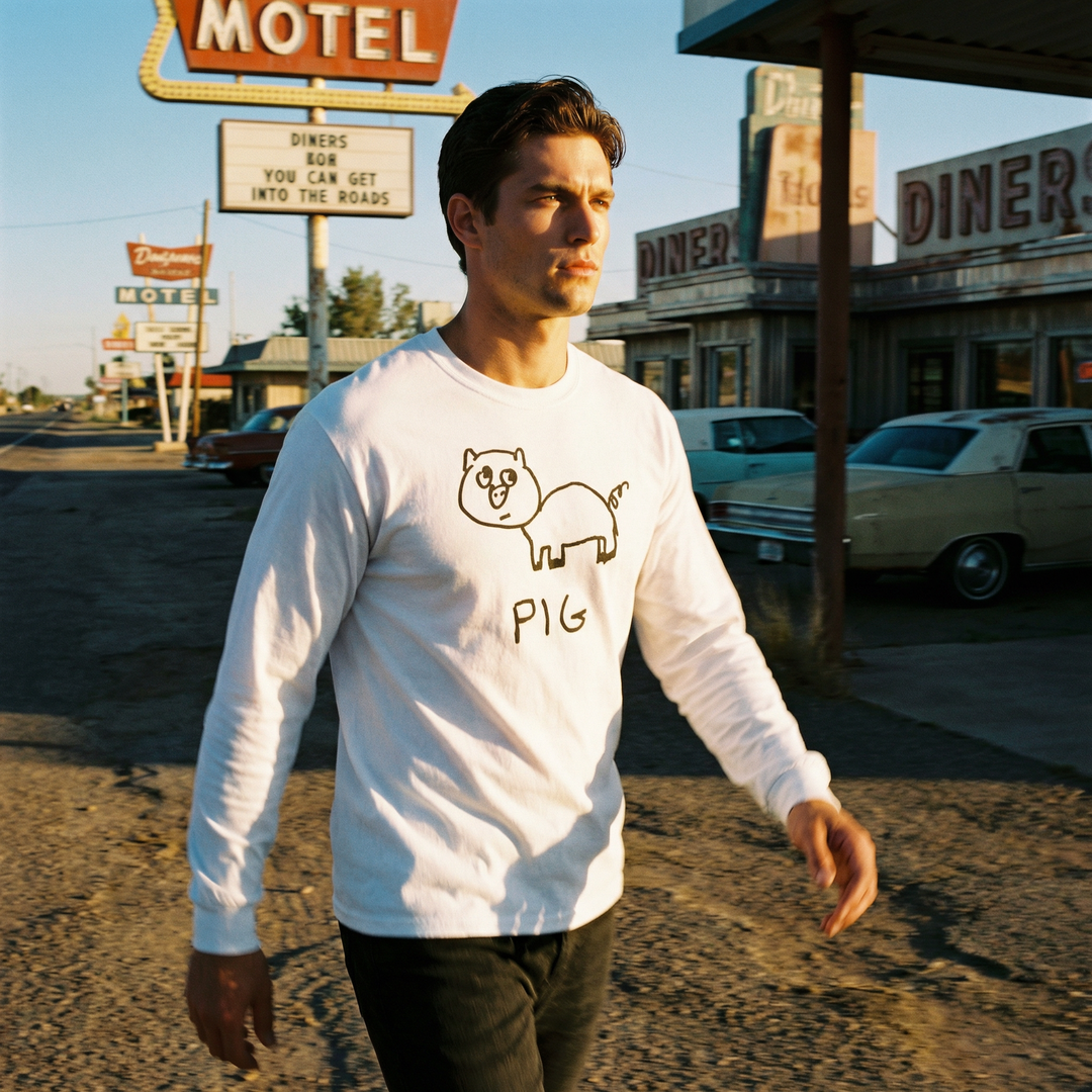 Model in a pig long sleeve tee outside a red barn on an American country farm