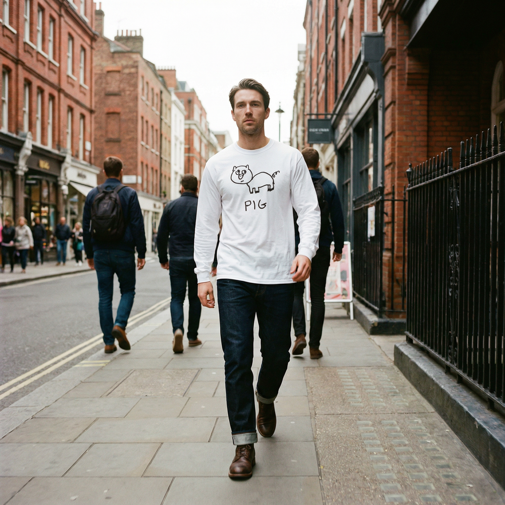 Person wearing a pig graphic long sleeve outside a brick pub in Soho, London
