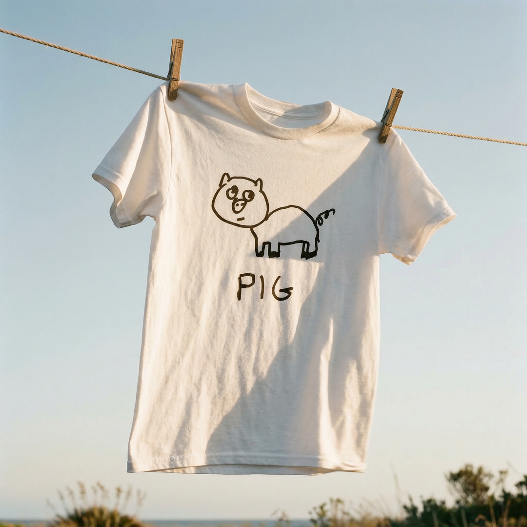 White t-shirt with a pig graphic and &