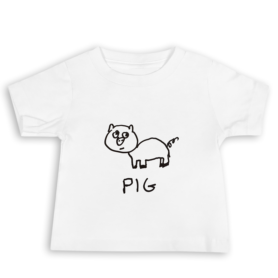 White Baby t-shirt with a black pig illustration and 'PIG' text on a white background