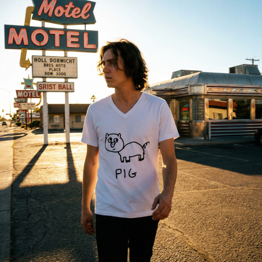 Model wearing pig tee by a vintage Americana style motel along a quiet American road