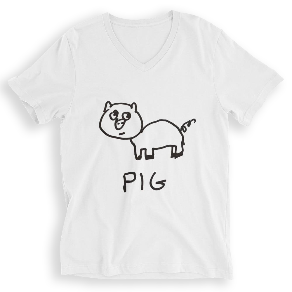 Whitev-neck t-shirt with a lo-fi hand-drawn pig illustration and 'PIG' text on a white background