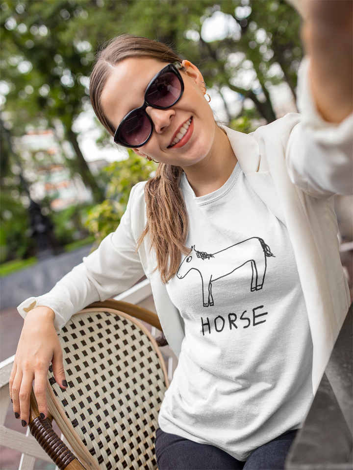 Horse graphic fitted tee worn by woman at sidewaljk cafe – lofi animal shirt style