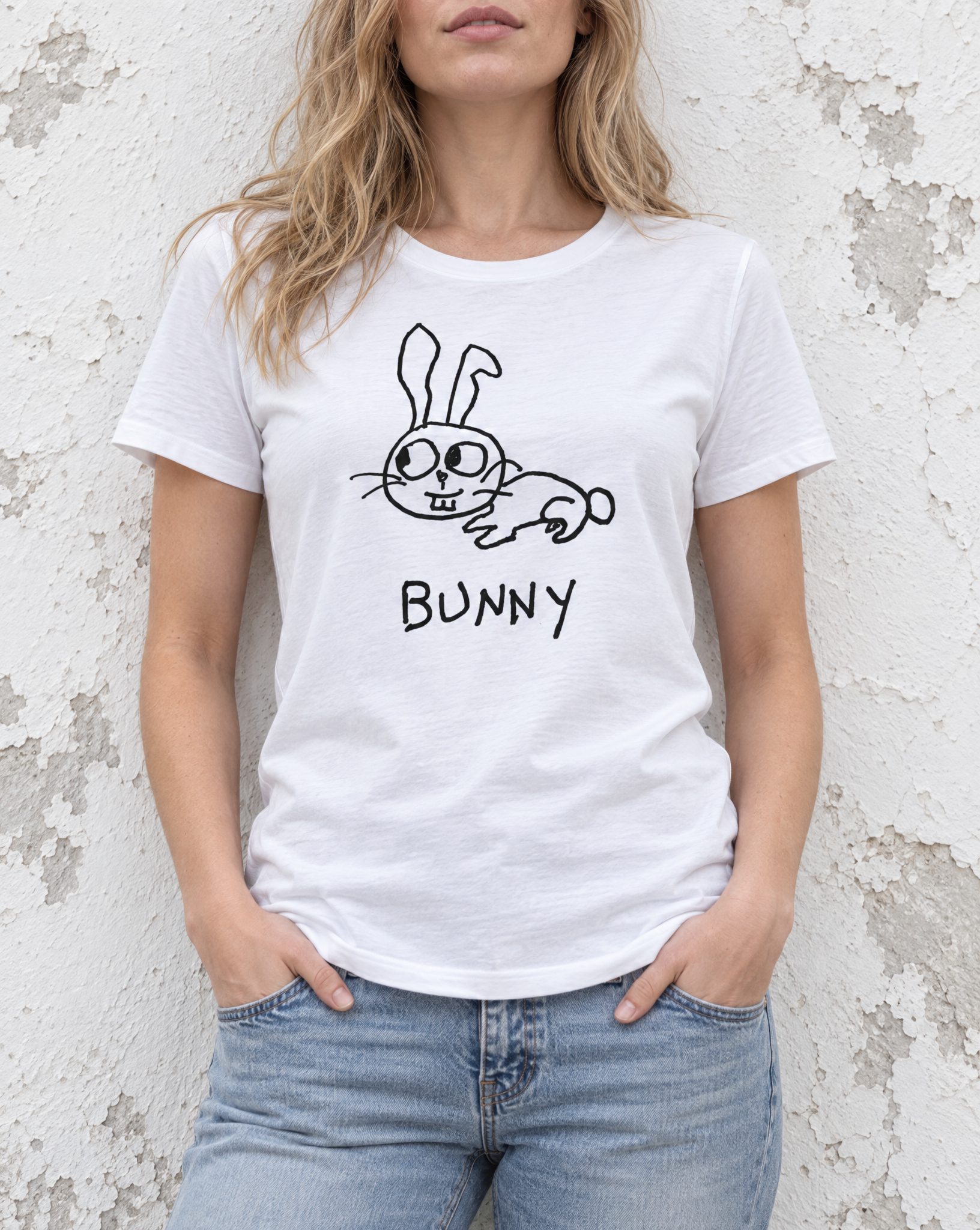 Sep 29 bunny women's tee — urban torso lifestyle photo