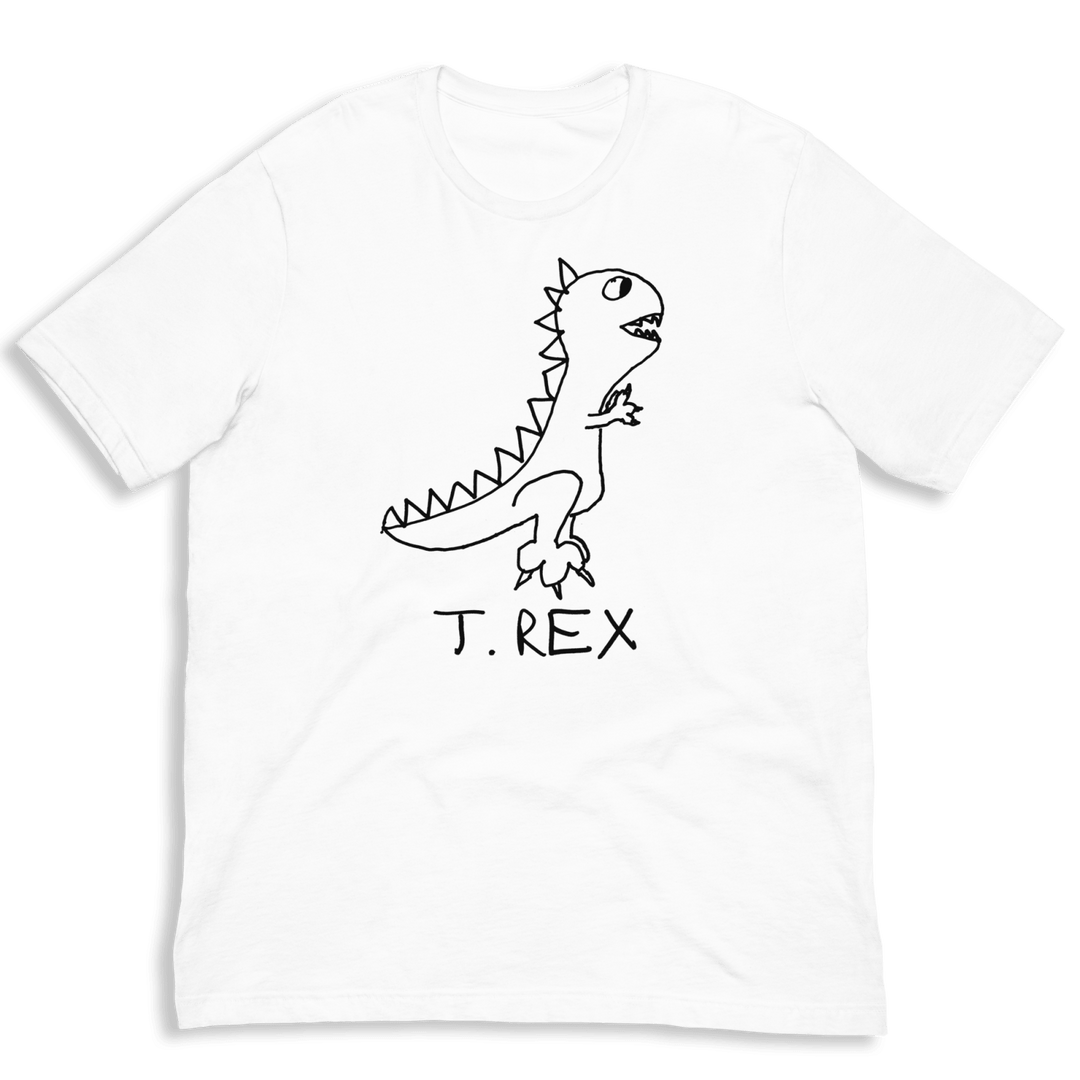 lo-fi T. Rex Classic Tee — hand-drawn T. Rex graphic on a white t-shirt