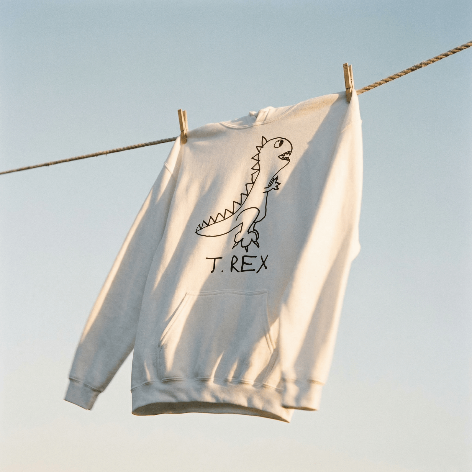 lo-fi T. Rex Hoodie hanging on a clothesline against a blue sky