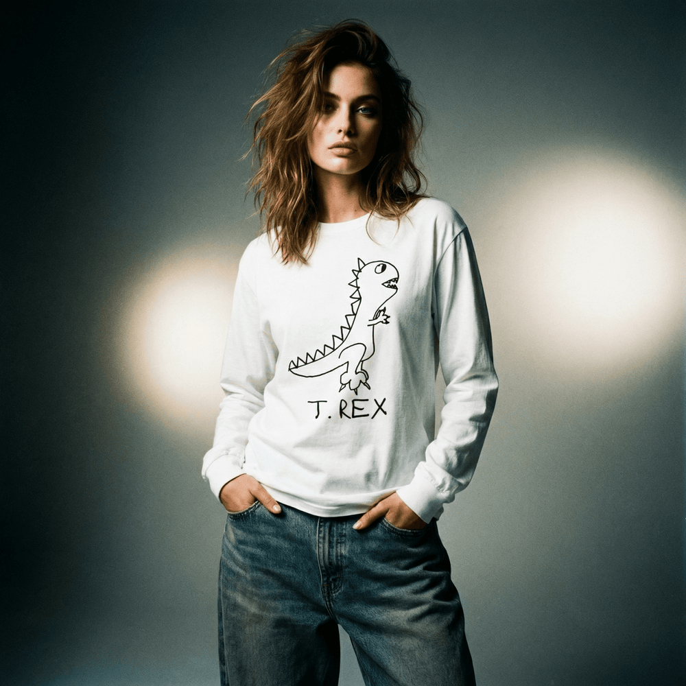 lo-fi T. Rex Long Sleeve Tee — hand-drawn T. Rex graphic on a white long-sleeve t-shirt