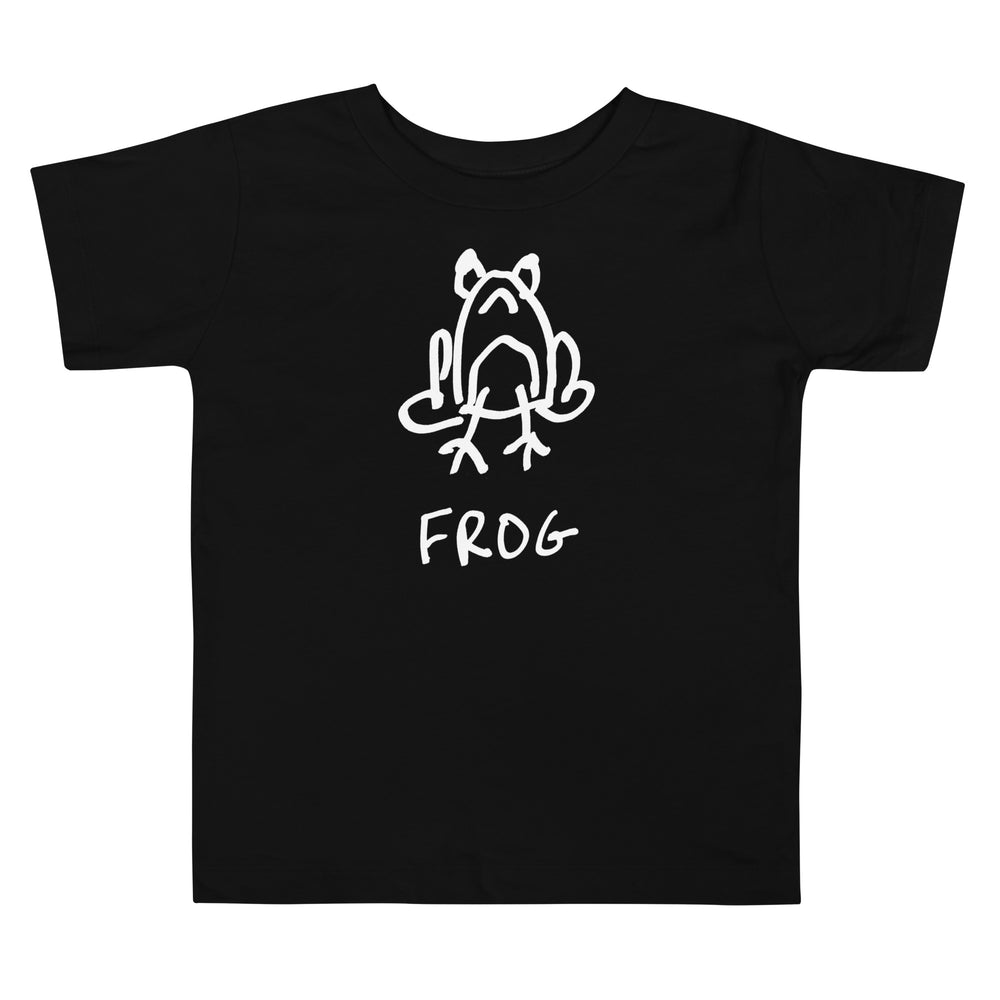  a black toddler t-shirt with a lo-fi hand-drawn frog graphic and "FROG" text on a white background. 