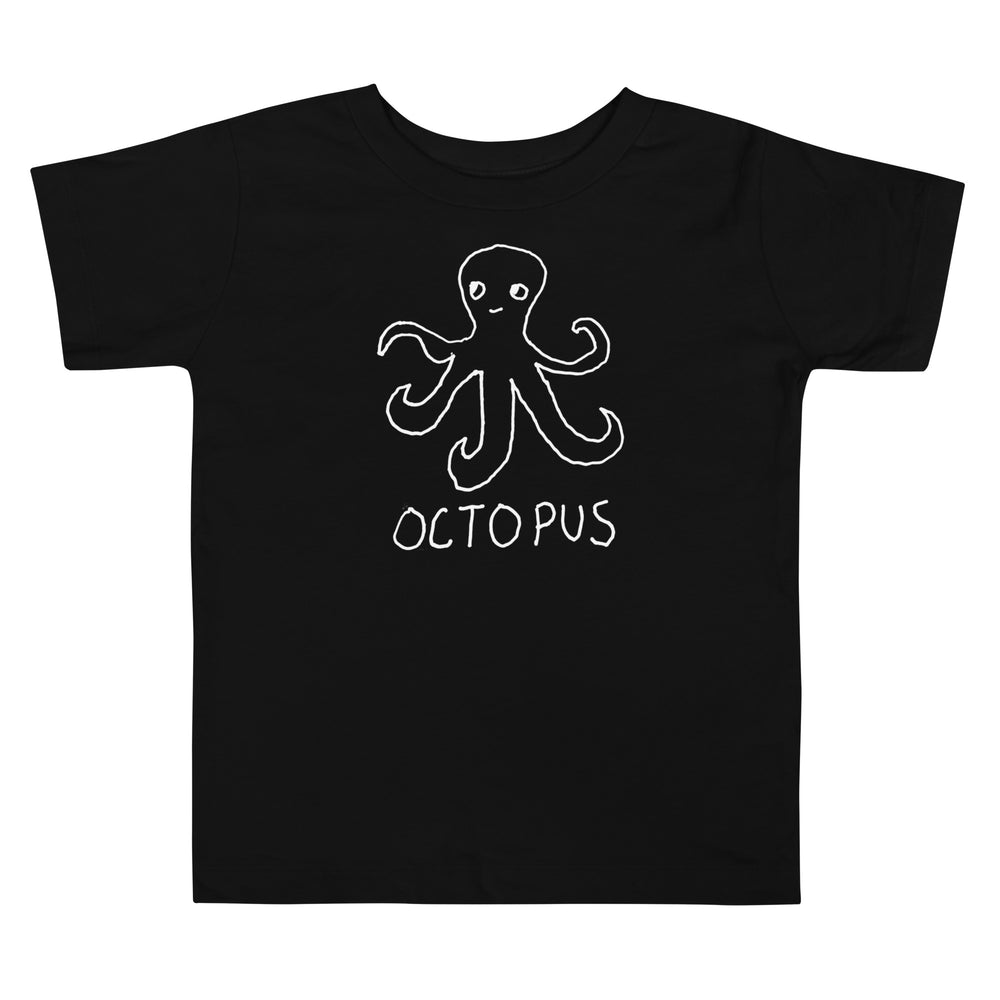 a black toddler t-shirt with a lo-fi hand-drawn octopus graphic and "OCTOPUS" text on a white background. 