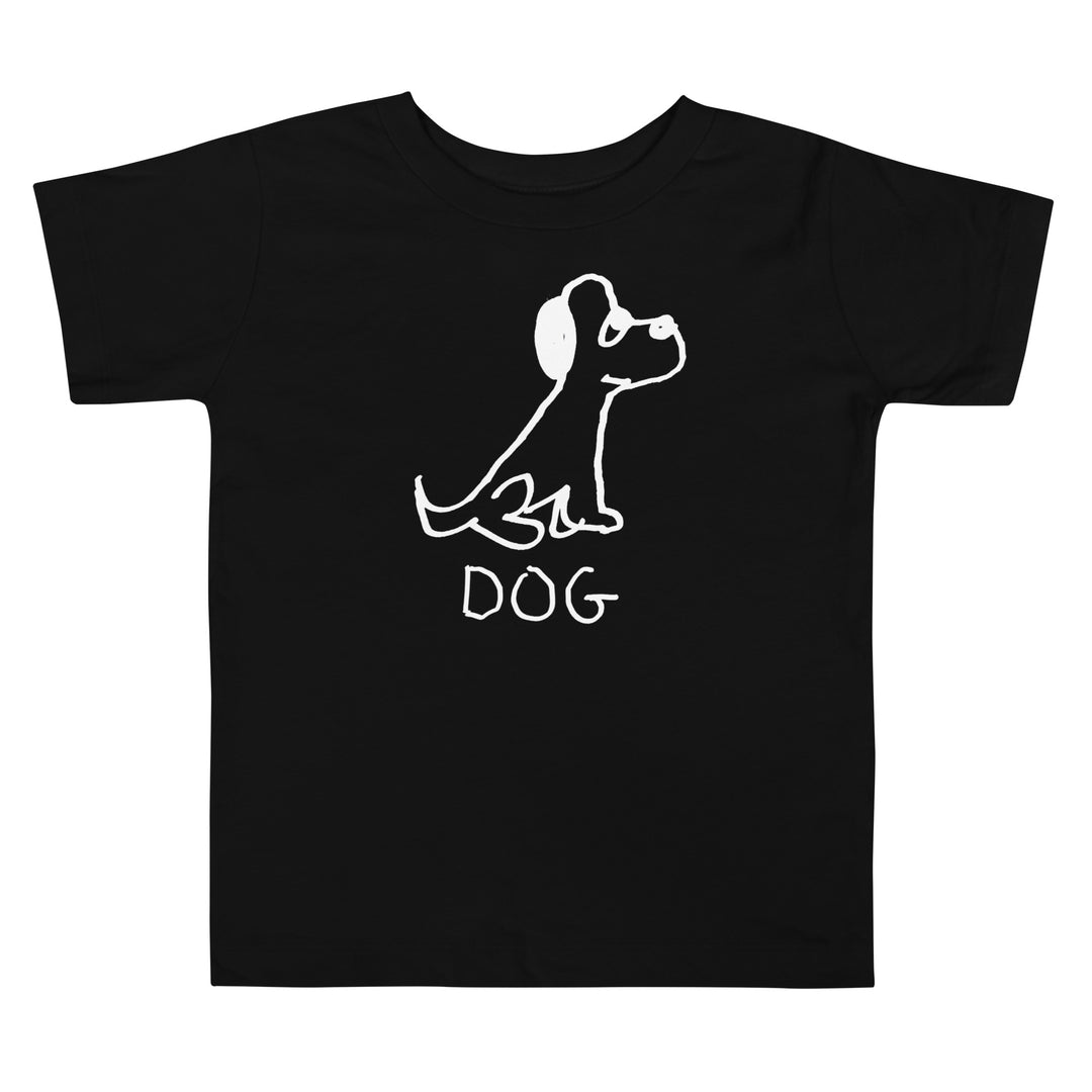 Black toddler t-shirt with a lo-fi hand-drawn dog illustration and &