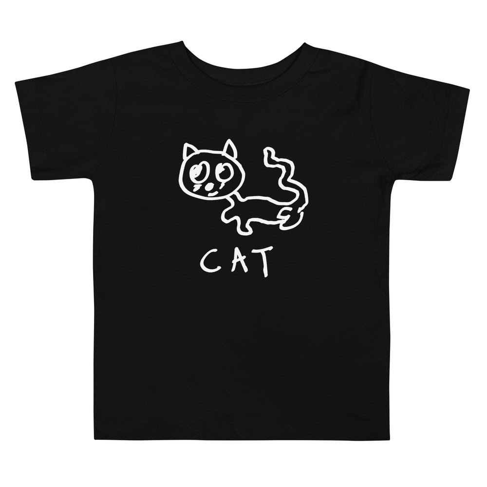 A black t-shirt with a lo-fi hand-drawn cat graphic and text. 