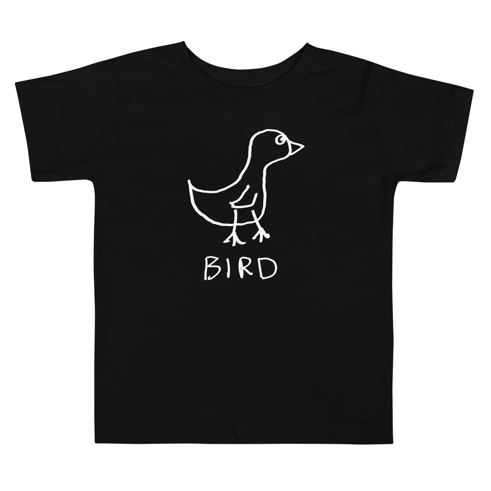 Black toddler t-shirt with a lo-fi hand-drawn Bird graphic and text. 