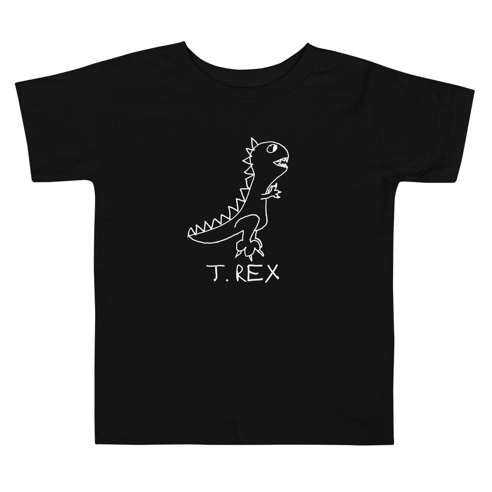 black toddler t-shirt with a lo-fi hand-drawn T. Rex dinosaur graphic and text - Tyrannosaurus Rex