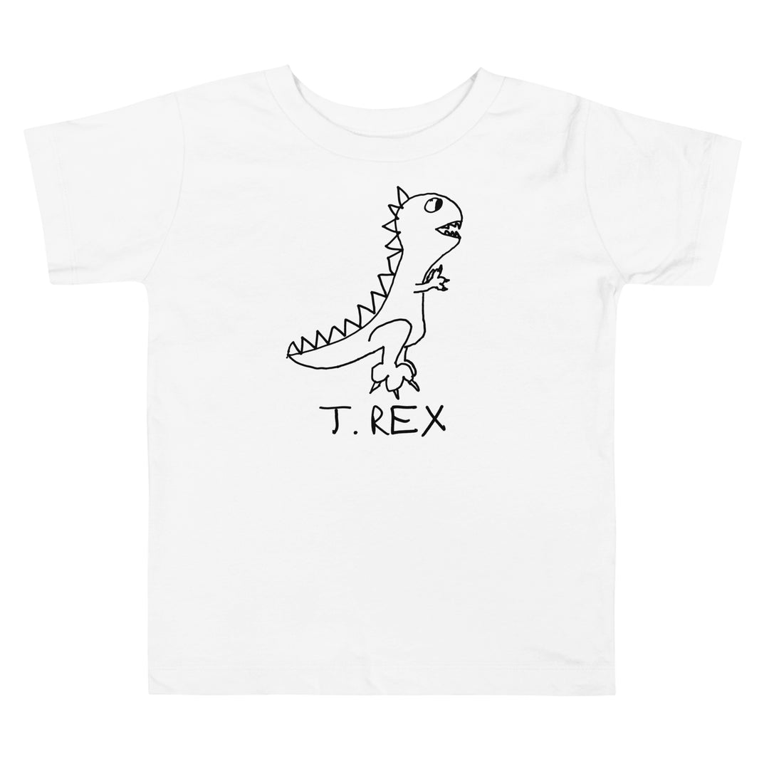 White toddler t-shirt with a lo-fi hand-drawn T. Rex dinosaur graphic and text - Tyrannosaurus Rex