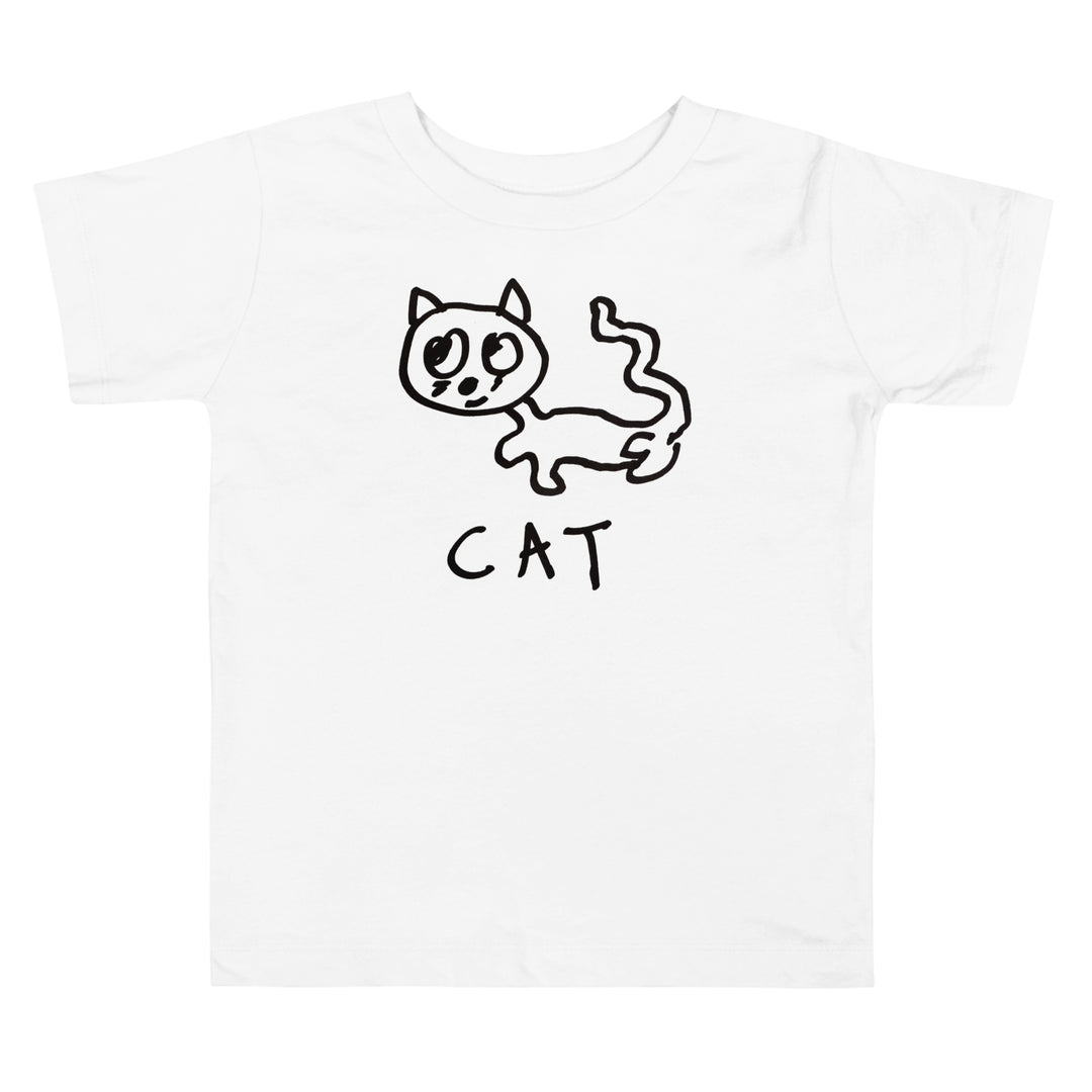 White t-shirt with a lo-fi hand-drawn cat graphic and text. 