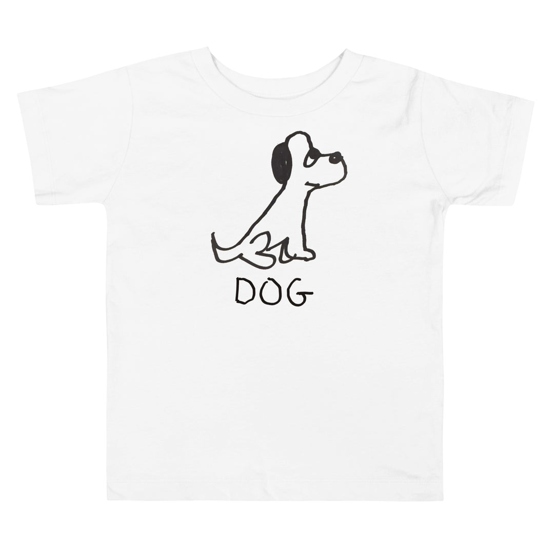 White toddler t-shirt with a lo-fi hand-drawn dog illustration and 'DOG' text on a white background