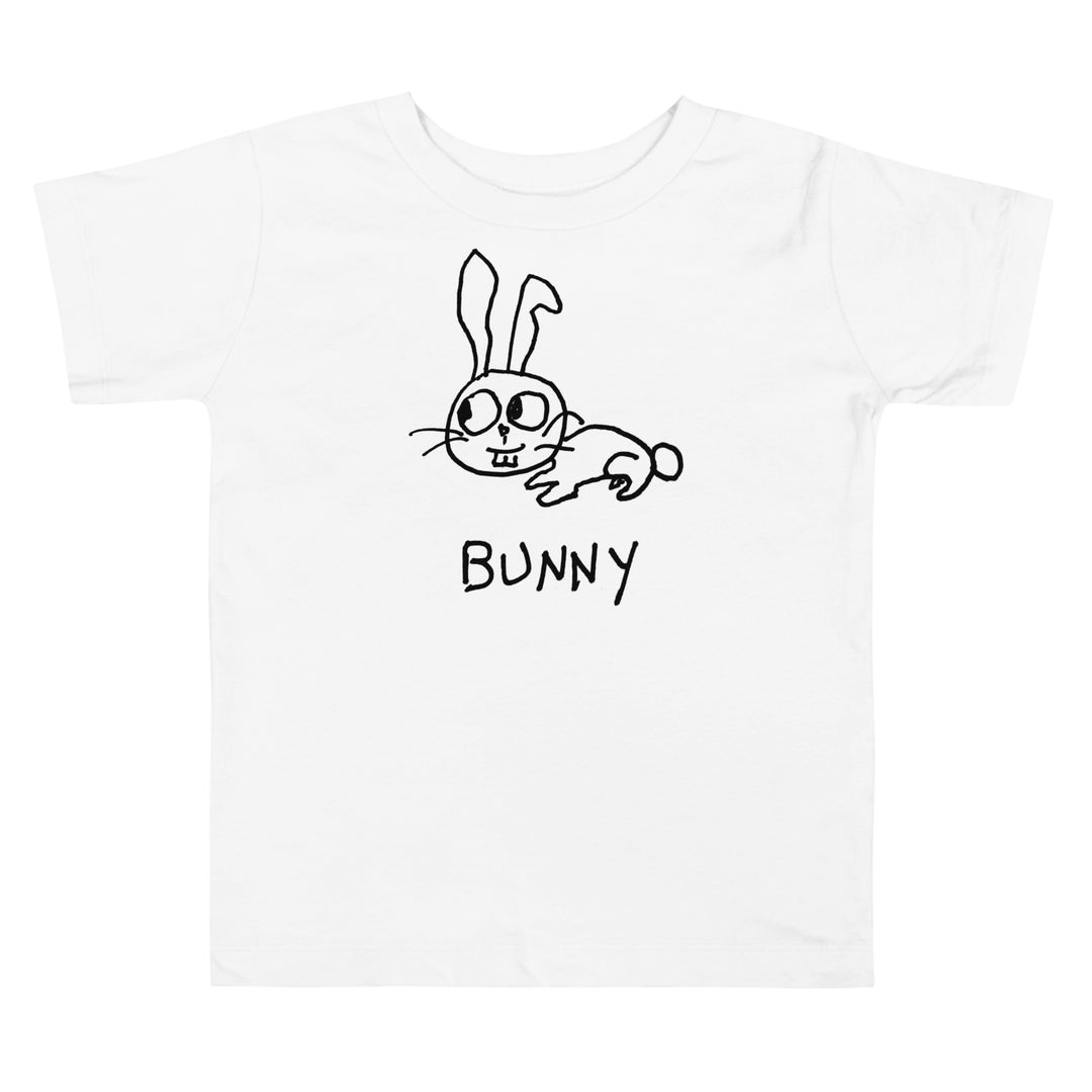  a white toddler t-shirt with a lo-fi hand-drawn bunny graphic and "BUNNY" text on a white background. 