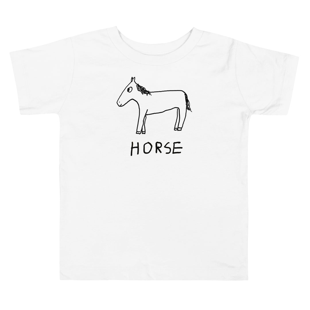 a white toddler t-shirt with a lo-fi hand-drawn horse graphic and "HORSE" text on a white background. 