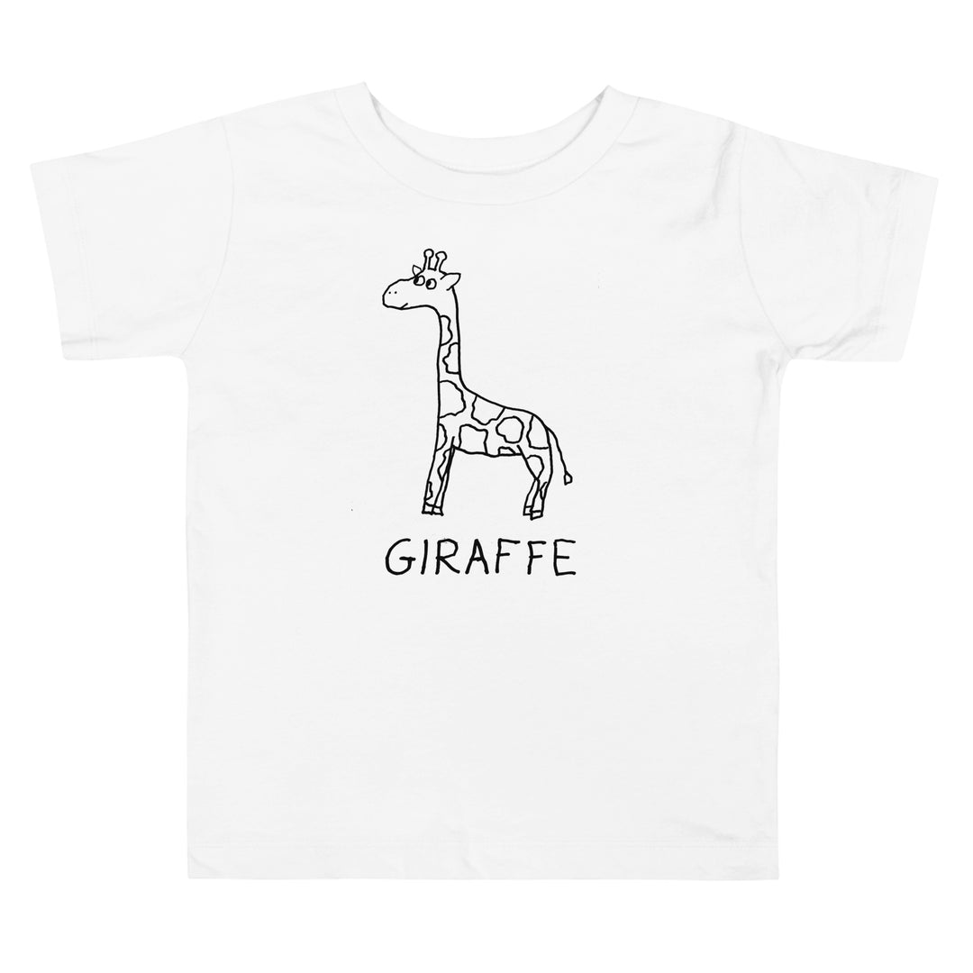 White toddler t-shirt with a lo-fi hand-drawn giraffe graphic and "GIRAFFE" text on a white background. 
