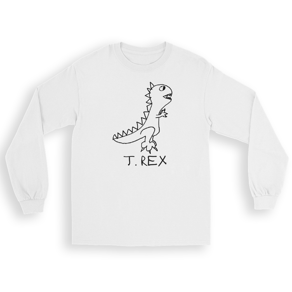 White long-sleeve shirt with a lo-fi hand drawn T. Rex dinosaur graphic, and  text on a white background