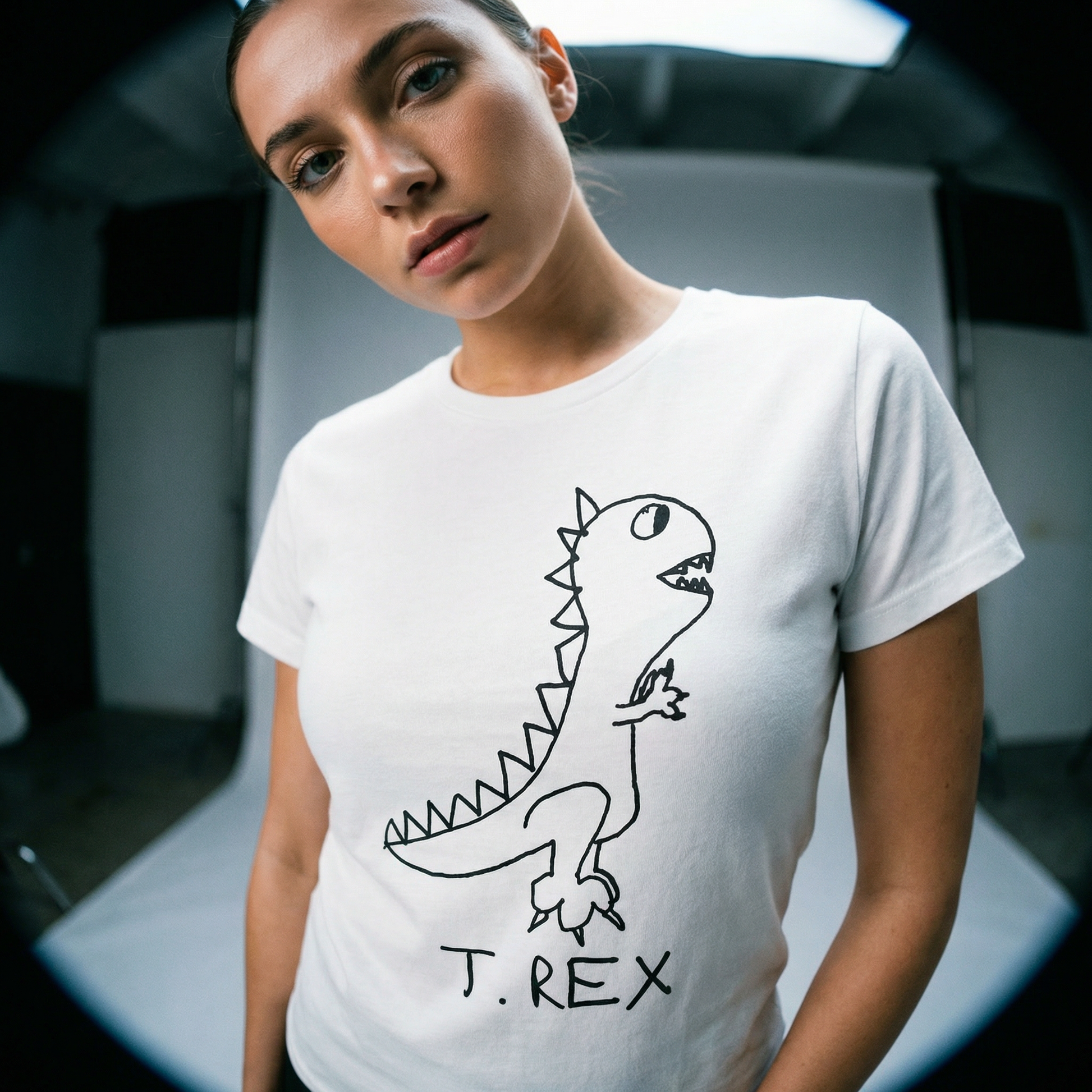 T-Rex graphic womens fitted tee fisheye shot – lofi dinosaur shirt close-up