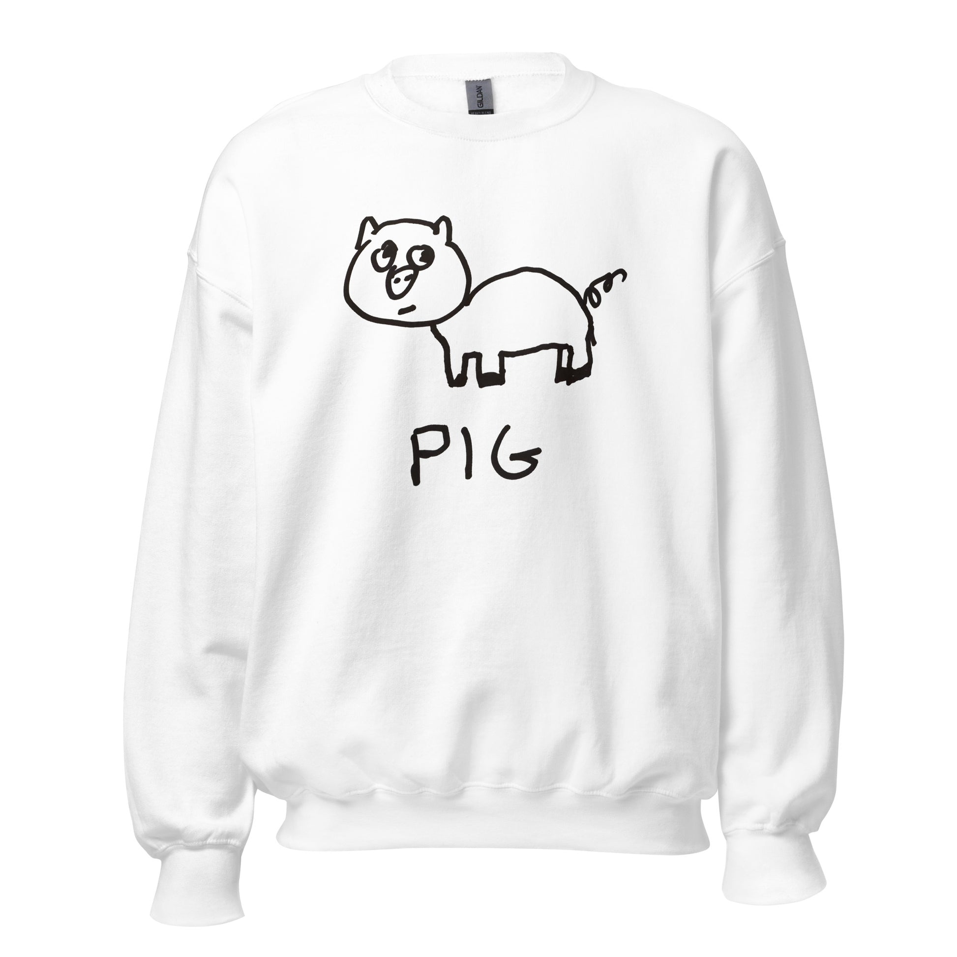 White sweatshirt with a cartoon pig design and the word 'PIG' on a white background