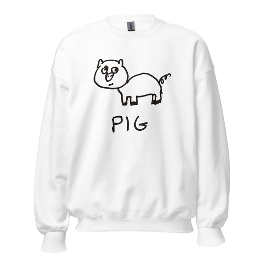 White sweatshirt with a cartoon pig design and the word 'PIG' on a white background