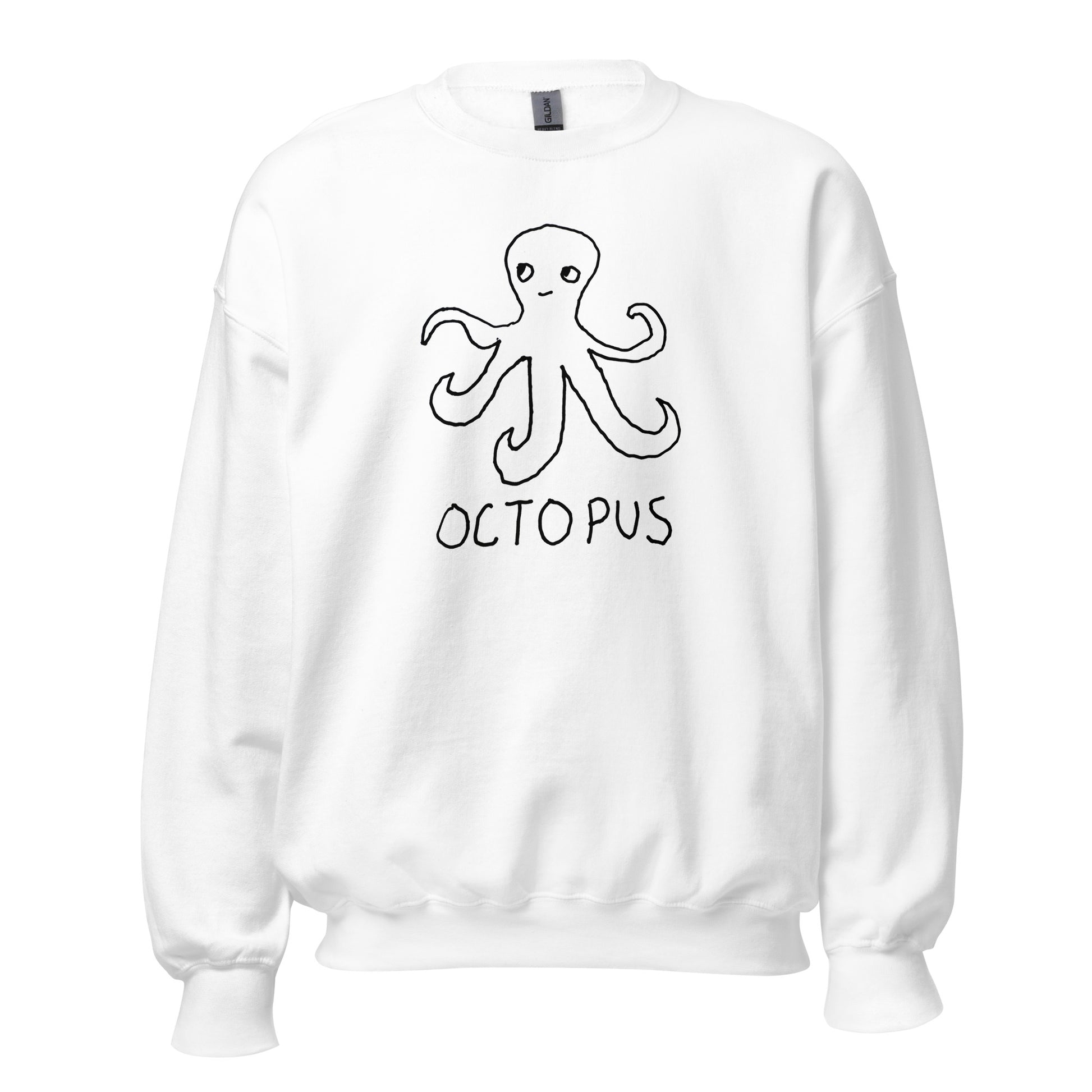 White sweatshirt with an octopus graphic and 'Octopus' text on a white background