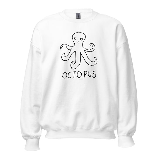 White sweatshirt with an octopus graphic and 'Octopus' text on a white background