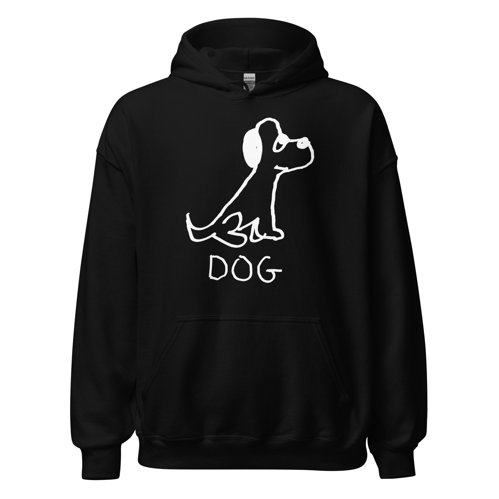 Black hoodie with a white dog graphic and 'DOG' text on a white background