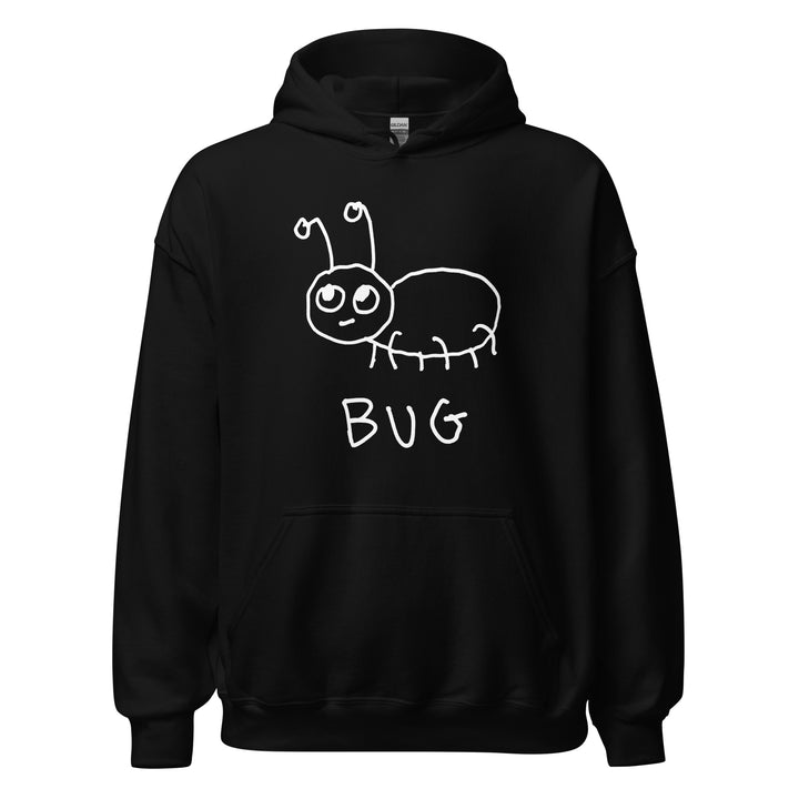 Black hoodie with a white bug graphic and &