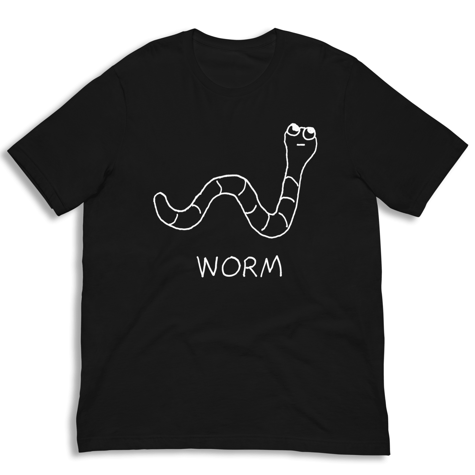 lo-fi Worm Classic Tee — hand-drawn worm graphic on a black t-shirt