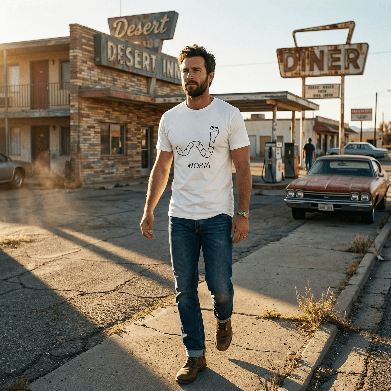 Man walking past a desert diner at golden hour wearing a lo-fi Worm Classic Tee