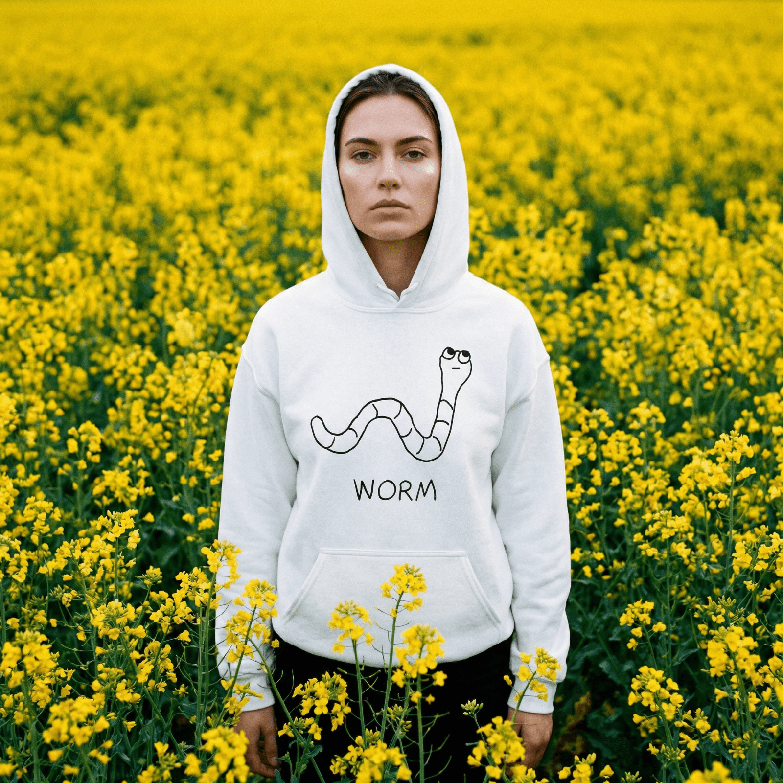 Woman standing in a yellow rapeseed field wearing a lo-fi Worm Hoodie with the hood up