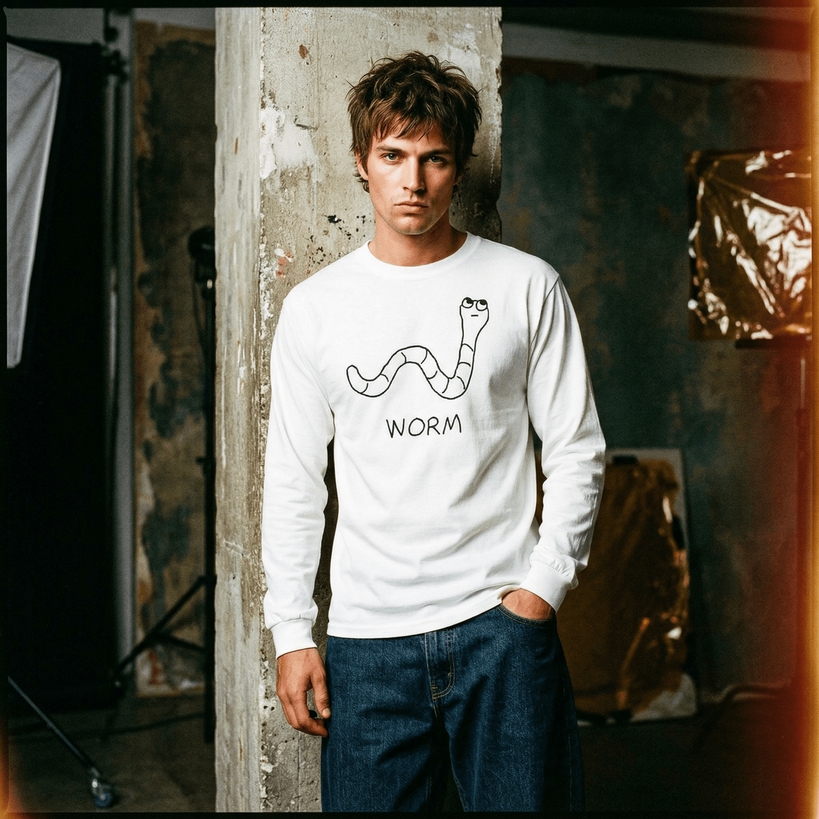 lo-fi Worm Long Sleeve Tee — hand-drawn worm graphic on a white long-sleeve t-shirt