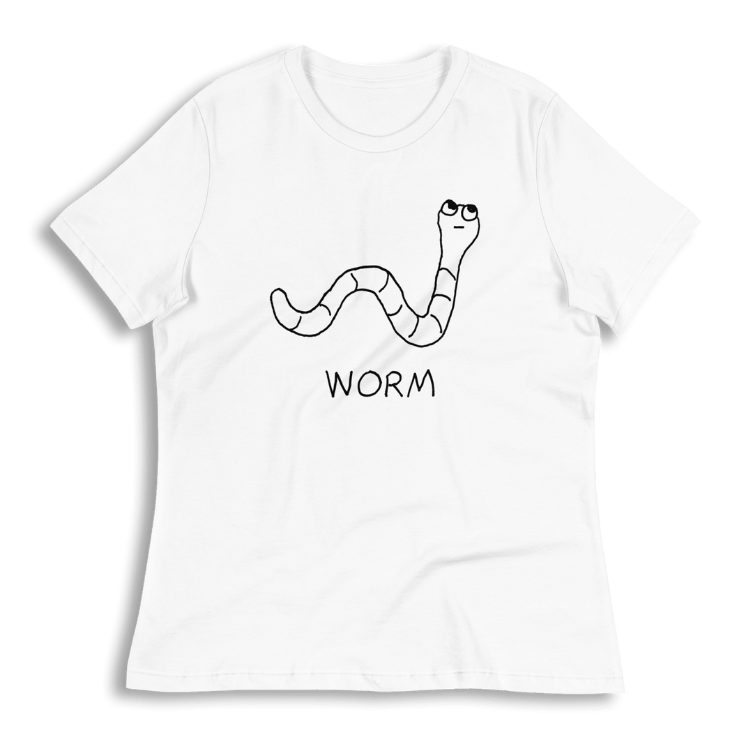 lo-fi Worm Women's Relaxed T-Shirt — hand-drawn worm graphic on a white relaxed-fit tee