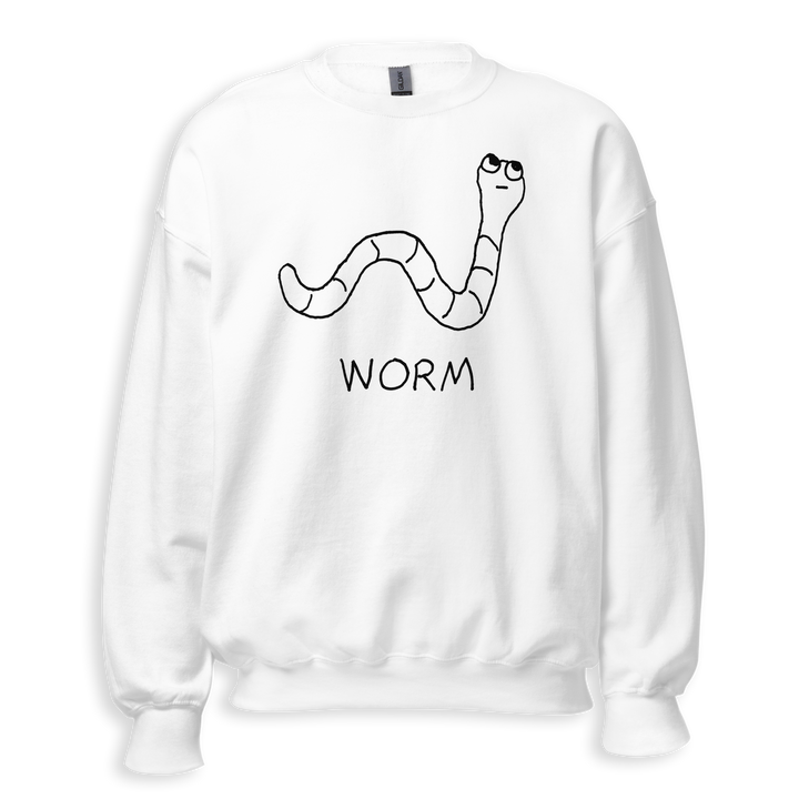 White sweatshirt with a lo-fi hand-drawn worm graphic and &