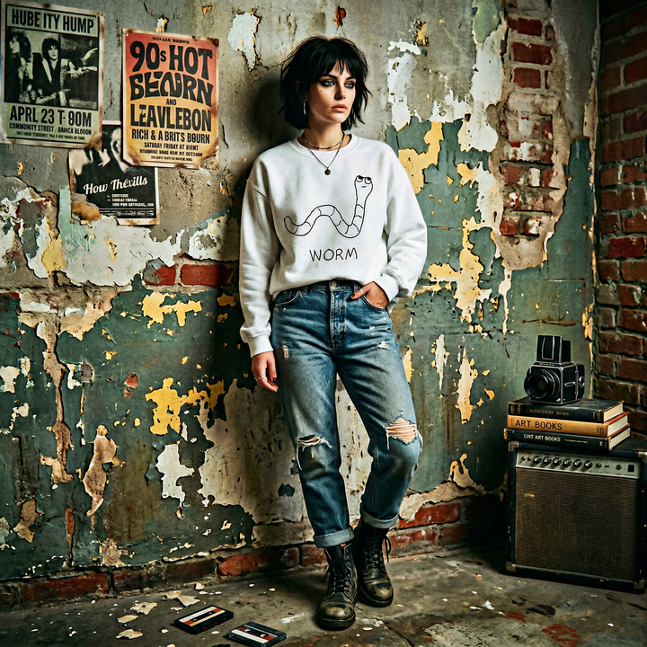 Model in a worm sweatshirt in a 90s rock band rehearsal room, 