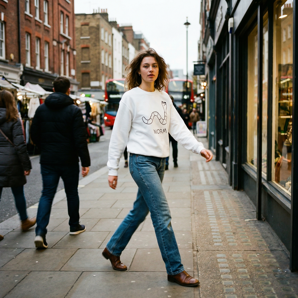 Person in a white crewneck sweatshirt  with a worm graphic, wandering through Soho casually