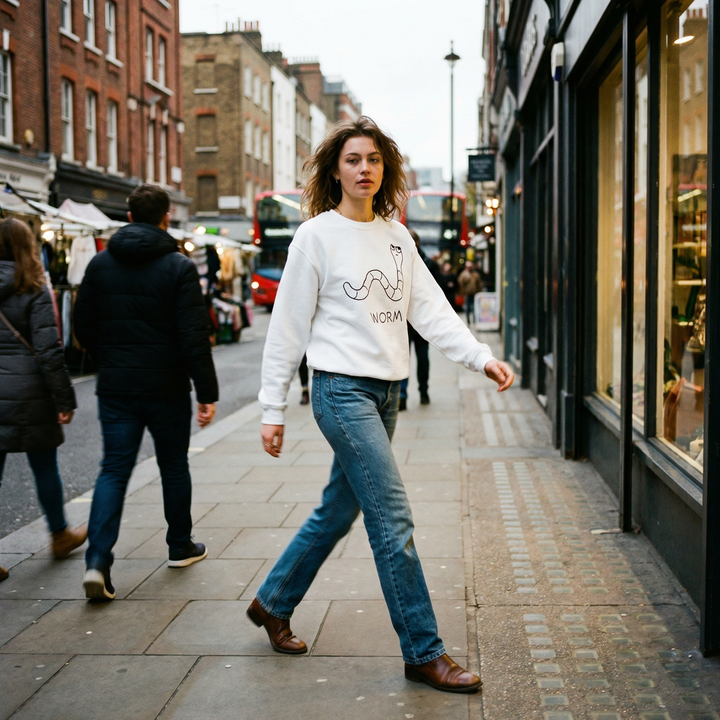Person in a white crewneck sweatshirt  with a worm graphic, wandering through Soho casually