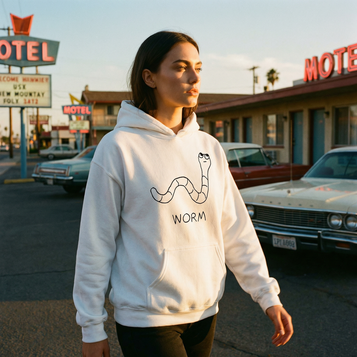 Worm hoodie in Americana setting – quirky animal graphic hoodie