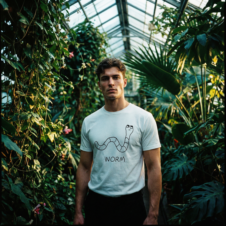 Worm shirt worn by hanfdsome man in greenhouse setting – minimalist lofi worm tee 