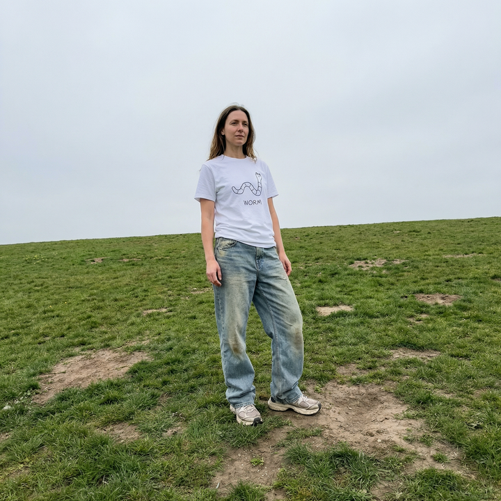 Worm shirt worn outdoors – minimalist lofi worm tee in natural setting