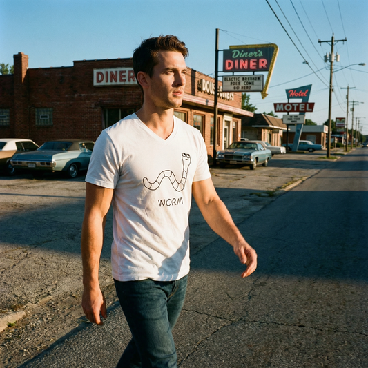 Model in worm tee on a dirt road flanked by old telephone poles and open plains