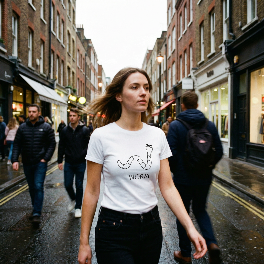 Worm graphic fitted tee worn on city street – lofi animal shirt style