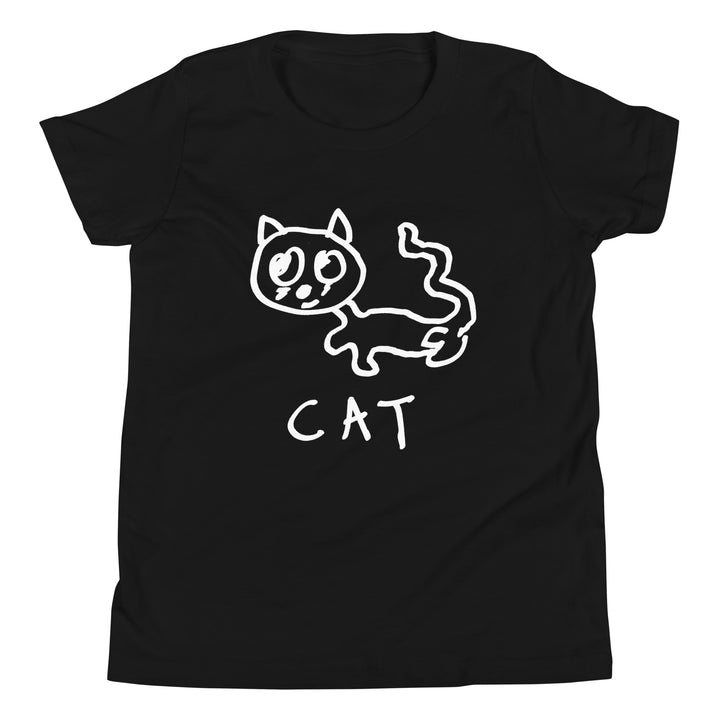 Black t-shirt with a simple hand drawn white cat illustration and &