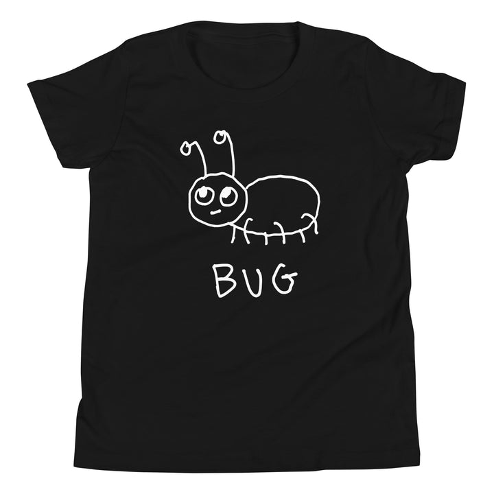 Black t-shirt with a white bug graphic and &