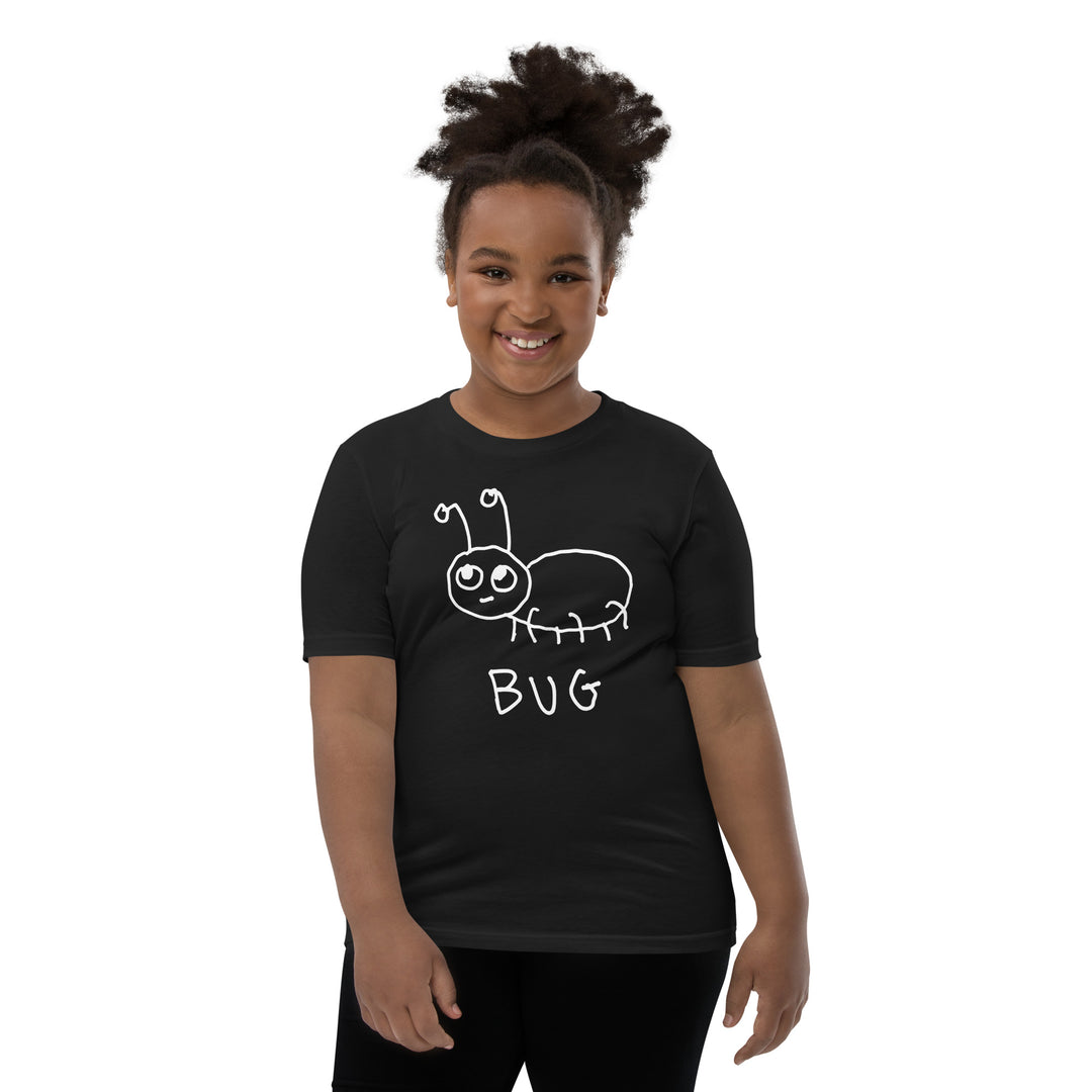 Child wearing a white t-shirt with simple hand drawn bug illustration and text on a white background