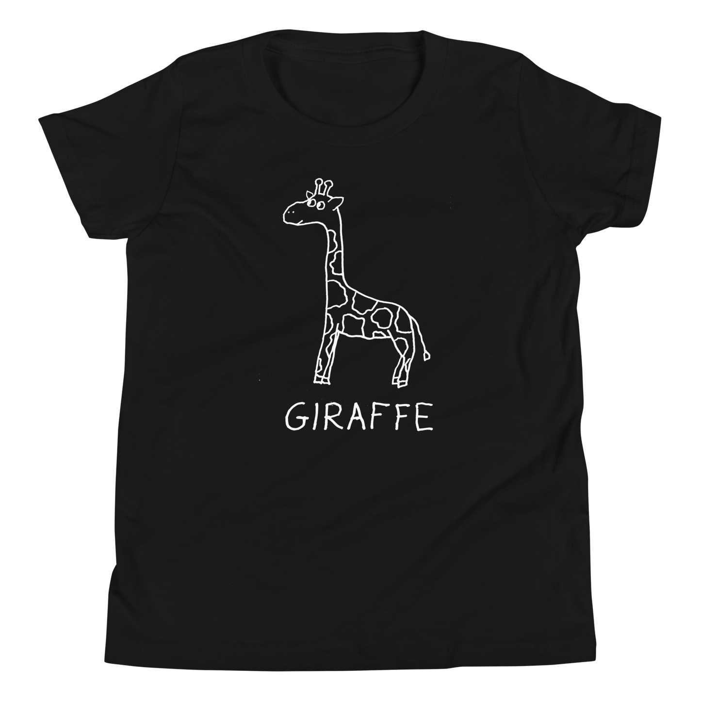 Black kids t-shirt with a simple hand drawn giraffe illustration and 'GIRAFFE' text on a white background
